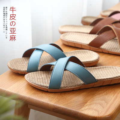 Hollow cowhide slipper Home Furnishing household Deodorant non-slip genuine leather Flat bottom Flax slipper indoor Four seasons lady