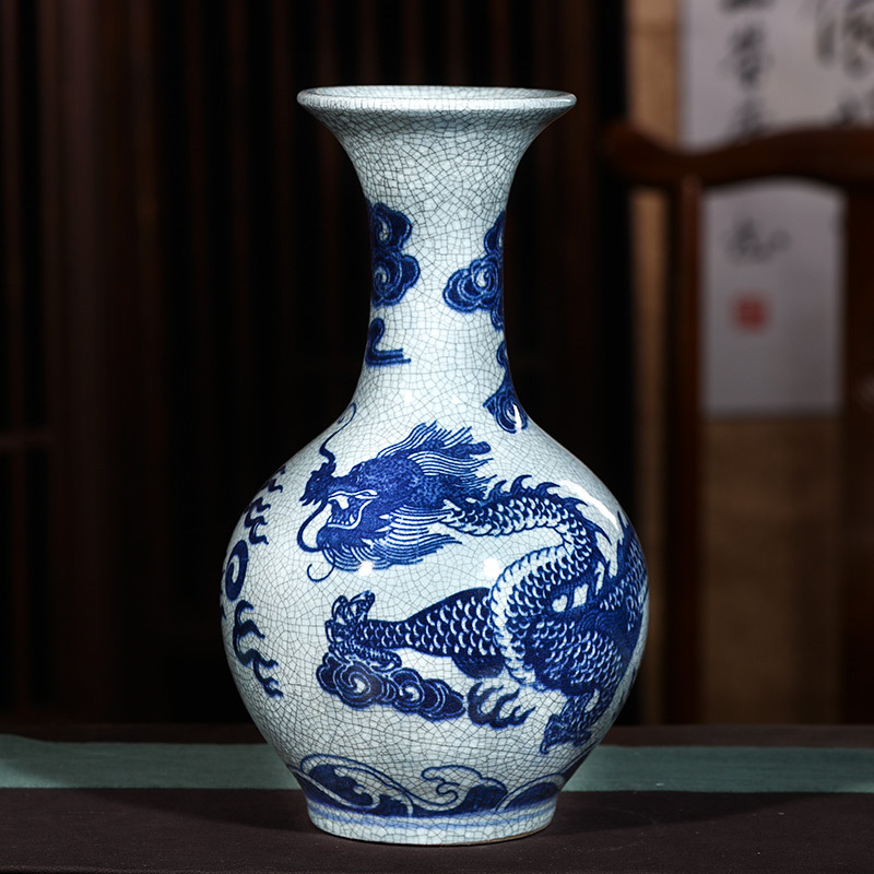 仿古龙纹小花瓶景德镇青花瓷工艺品冰裂釉花瓶花器复古装饰品摆件