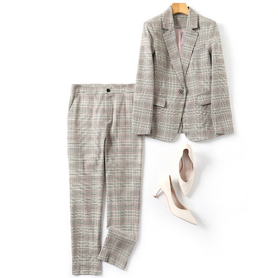 2020韓版時尚 格子西裝外套女長袖修身小西服上衣 + 格子長褲套裝