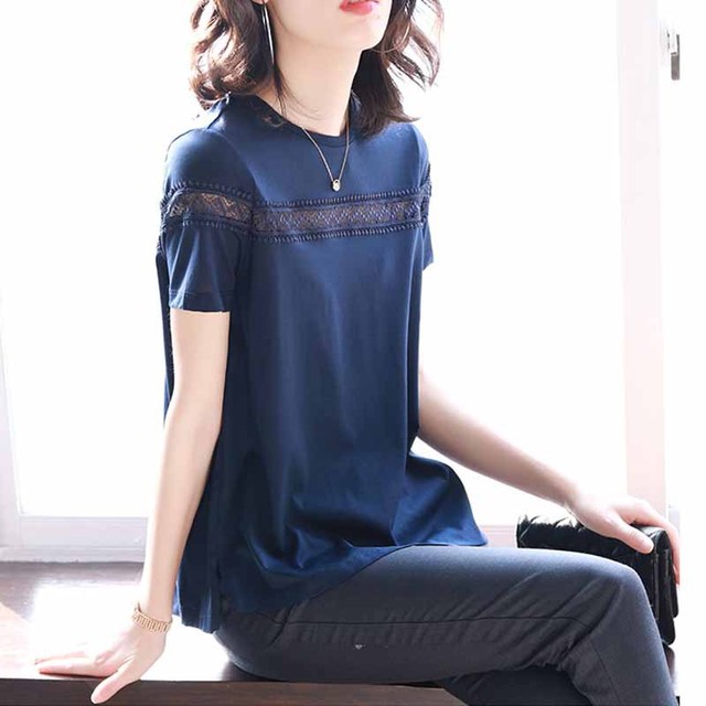 Round-collar lace stitching short-sleeved T-shirt spring 