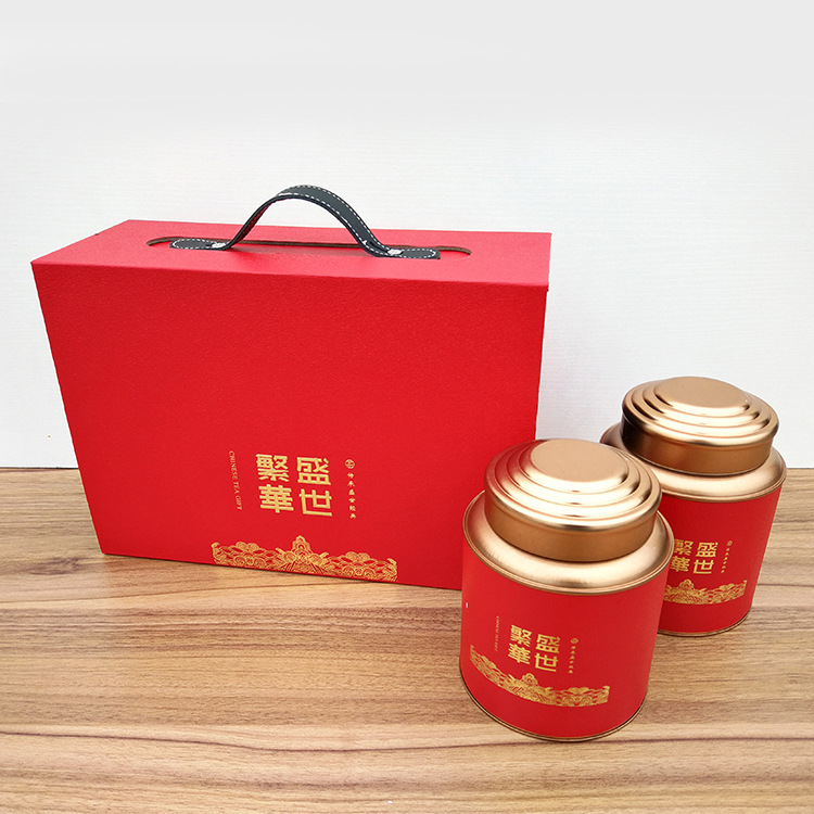 新款茶叶包装盒 盛世繁华二合一红色金色茶叶罐礼盒 手袋礼盒定制