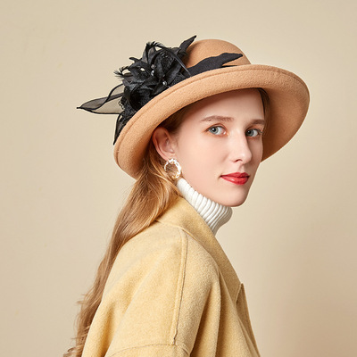Party hats Fedoras hats for women Bowler Hat Women Woolen pot hat feather net flower felt hat