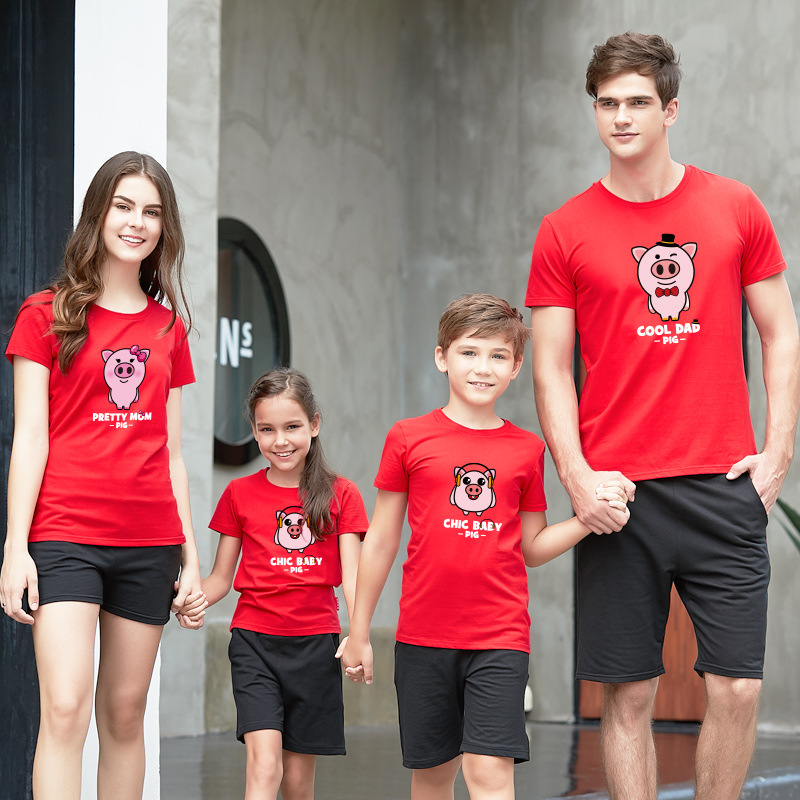 Year of the Pig With children Summer wear 2018 Fashion Mother and daughter Sons Short sleeved T-shirt Cartoon printing T-shirts kindergarten Class clothes