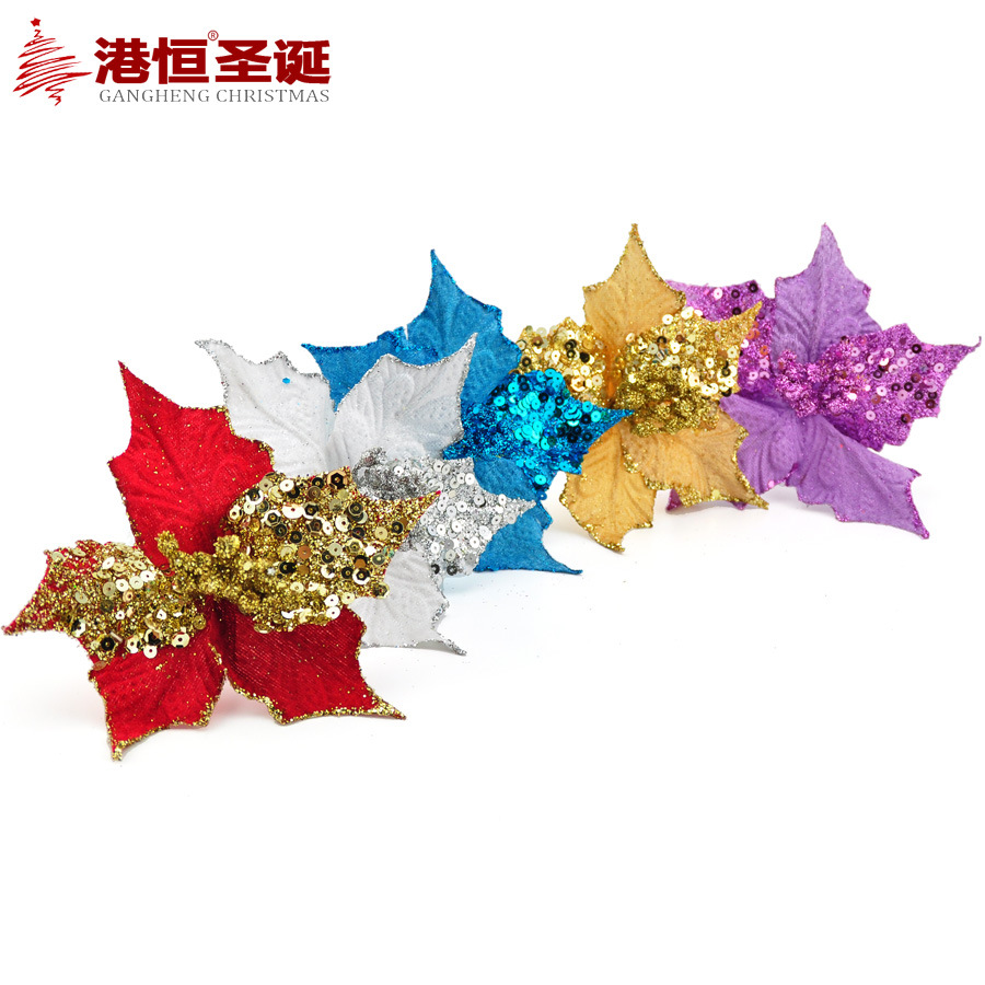 17cm simulación Navidad flor árbol de Navidad DIY Decoración Accesorios Punta esquina pegajosa lentejuelas tela flor falsa Flor de Navidad