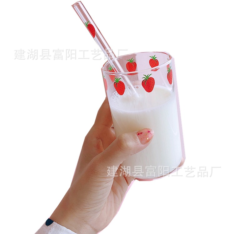 Lindo ins estilo chica corazón calefacción borosilicato resistente al calor transparente fresa impreso leche jugo vidrio paja taza
