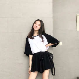 2019夏季新款韩版短袖T恤女上衣+阔腿裤裙裤套装女两件套女装批发
