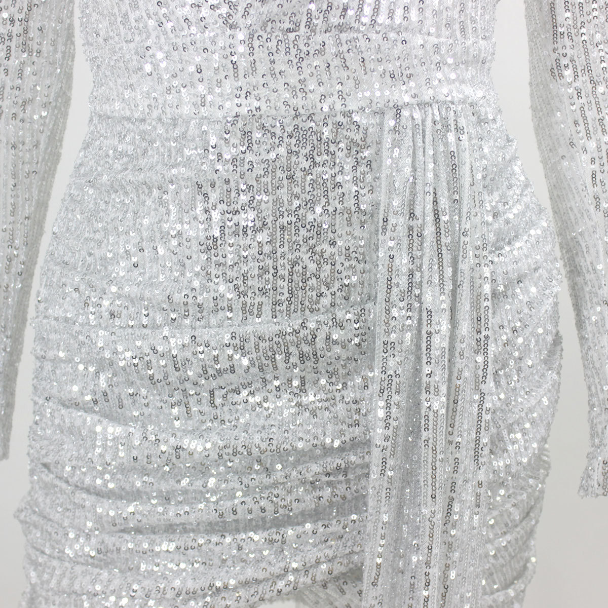 V-neck long-sleeved sequined slim dress NSYI18713