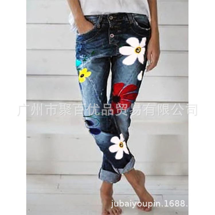 Women's Jeans With Printed Button Jeans Pants Long Trousers