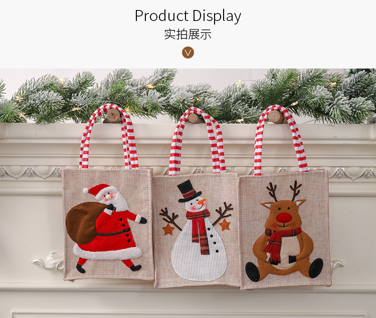 New Christmas Decoration Supplies Burlap Three-dimensional Embroidery Tote Bag Children Gift Bag Candy Bag Storage Bag display picture 6