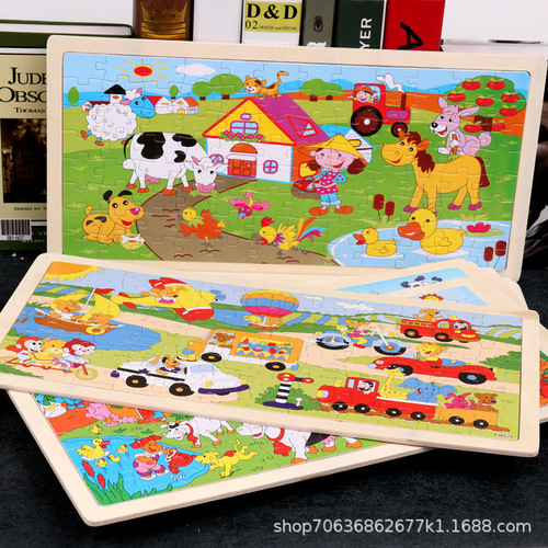 96-piece wooden puzzle with log frame, children's animal cartoon plane puzzle, early education and environmentally friendly wooden toys