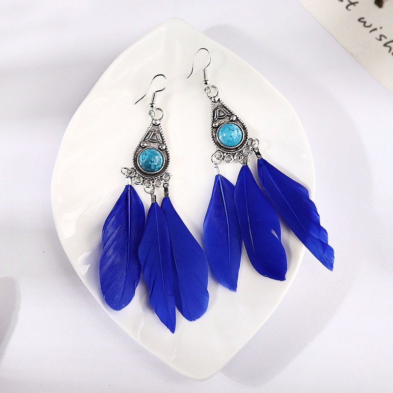 Fashion simple turquoise feather female retro ethnic long alloy earringspicture1