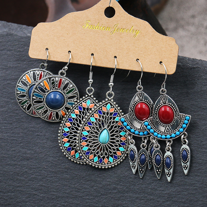3 Pairs Ethnic Style Geometric Metal Enamel Women's Earrings display picture 4