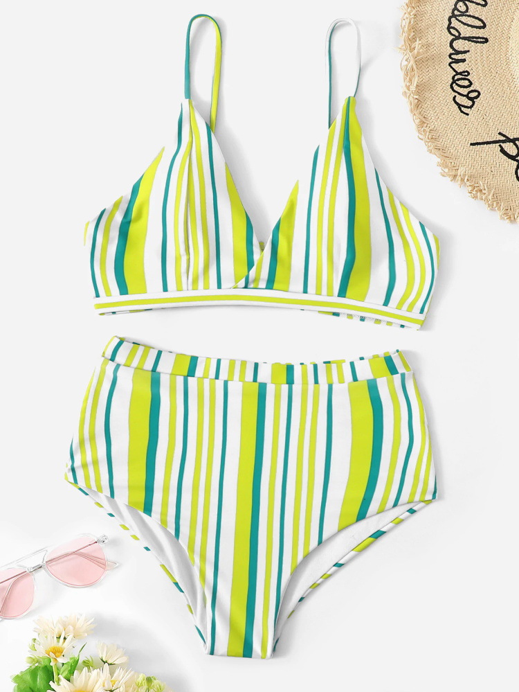 Polyester FashionBikini(Yellow blue strip-S)Swimwear NHHL2071-Yellow-blue-strip-S