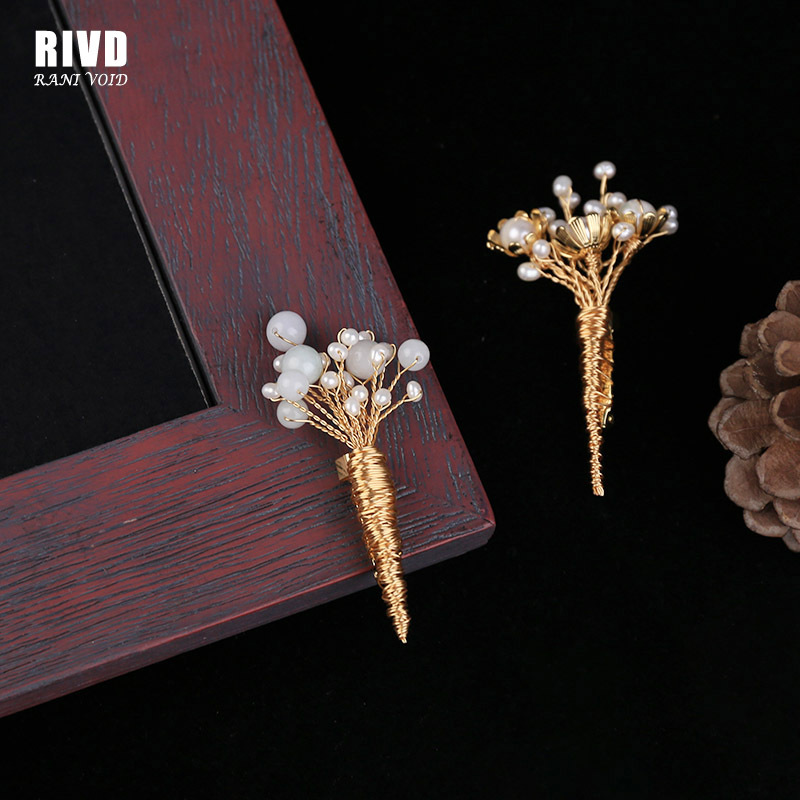 RIVD饰品淡水珍珠个性设计手作铜丝缠绕翡翠花朵胸针胸花7166G|ms