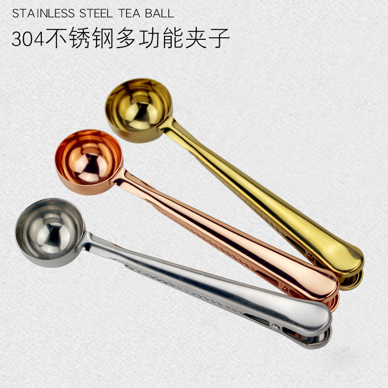 跨境亚马逊304不锈钢咖啡勺带夹子 多功能奶粉勺量匙封口夹调味勺|ru
