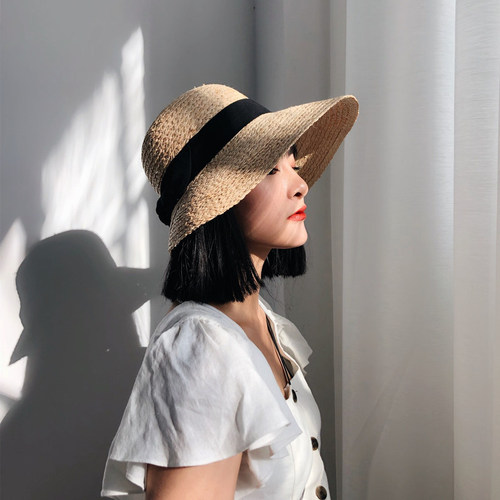 Spring and Summer New Lafite Grass After along Butterfly Knot Straw Hat for Women, Foldable Beach Sun Hat, Large Brim Sunshade Fisherman's Bucket Hat