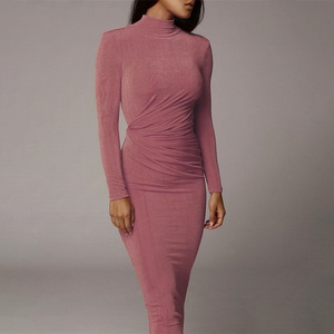 Sexy tight hip over knee dress solid color long sleeve high collar dress