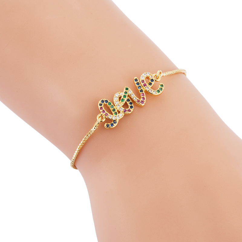 Full Copper Female Bracelet Letter LOVE Inlaid with Color Zircon Bracelet