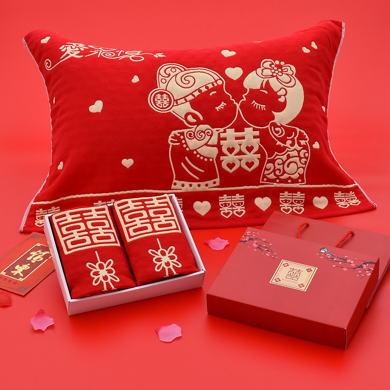 婚庆枕巾大红色52*78cm礼品回礼三层纱布枕巾纯棉不掉色高档礼品|ru