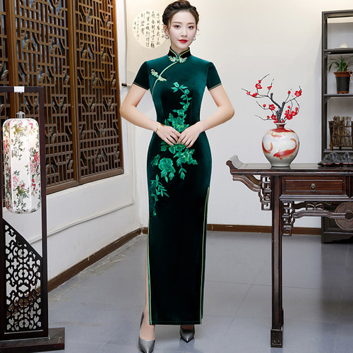 Chinese Dress Qipao Gold velvet cheongsam long cheongsam show show show Costume