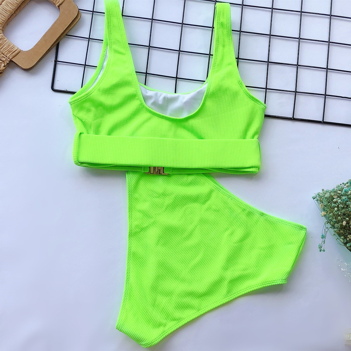 hot sale high waist solid color pit strip swimsuit split buckle bikini wholesale NSDA165