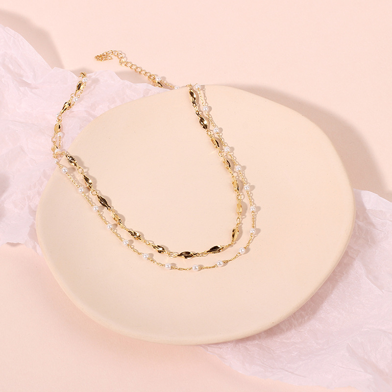 6g Weight Necklace Classification Anniversary, Business, Travel Occasion Women'S Gender Gold Color Fashion Multilayer Pearl Glossy Copper Necklace Wholesale 2