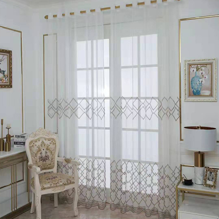厂家批发成品爆款绣花窗帘纱 客厅卧室百搭网格方格菱形窗纱|ms