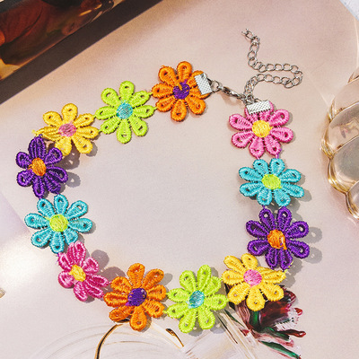 日韓ins泫雅項鏈土酷蕾絲小清新鎖骨鏈彩色小花choker項圈頸鏈飾