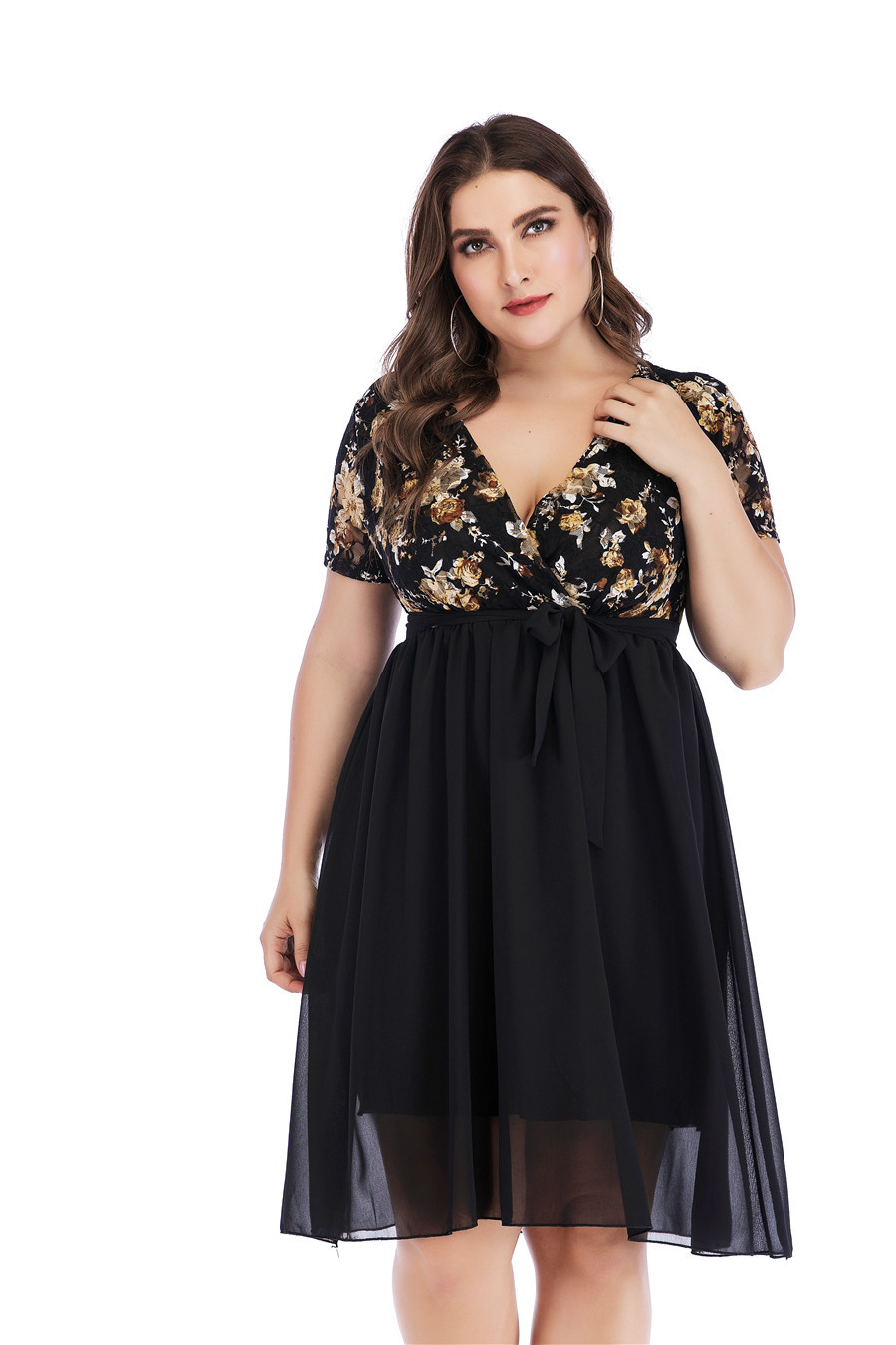 plus size sexy V-neck lace print stitching chiffon dress  NSYD35376