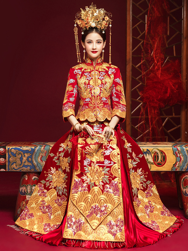 Xiu clothing 2019 new pattern marry Wedding dress Gold embroidered dish full dress bride Chinese style Toast clothing ancient costume Chuge Xiu