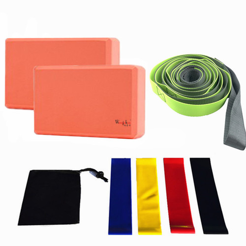 Yoga bricks eight-piece set 12-hole yoga stretch straps one pair of yoga bricks latex tension straps black storage bag cross-border