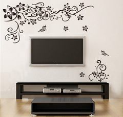 境黑色蝴蝶對角花藤歐美黑色電視背景牆貼紙 JM8382 廠家批發