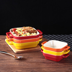 Ceramic double-handled baking tray square baking tray creative household soup bowl high-temperature oven rice tray rectangular cheese cake tray