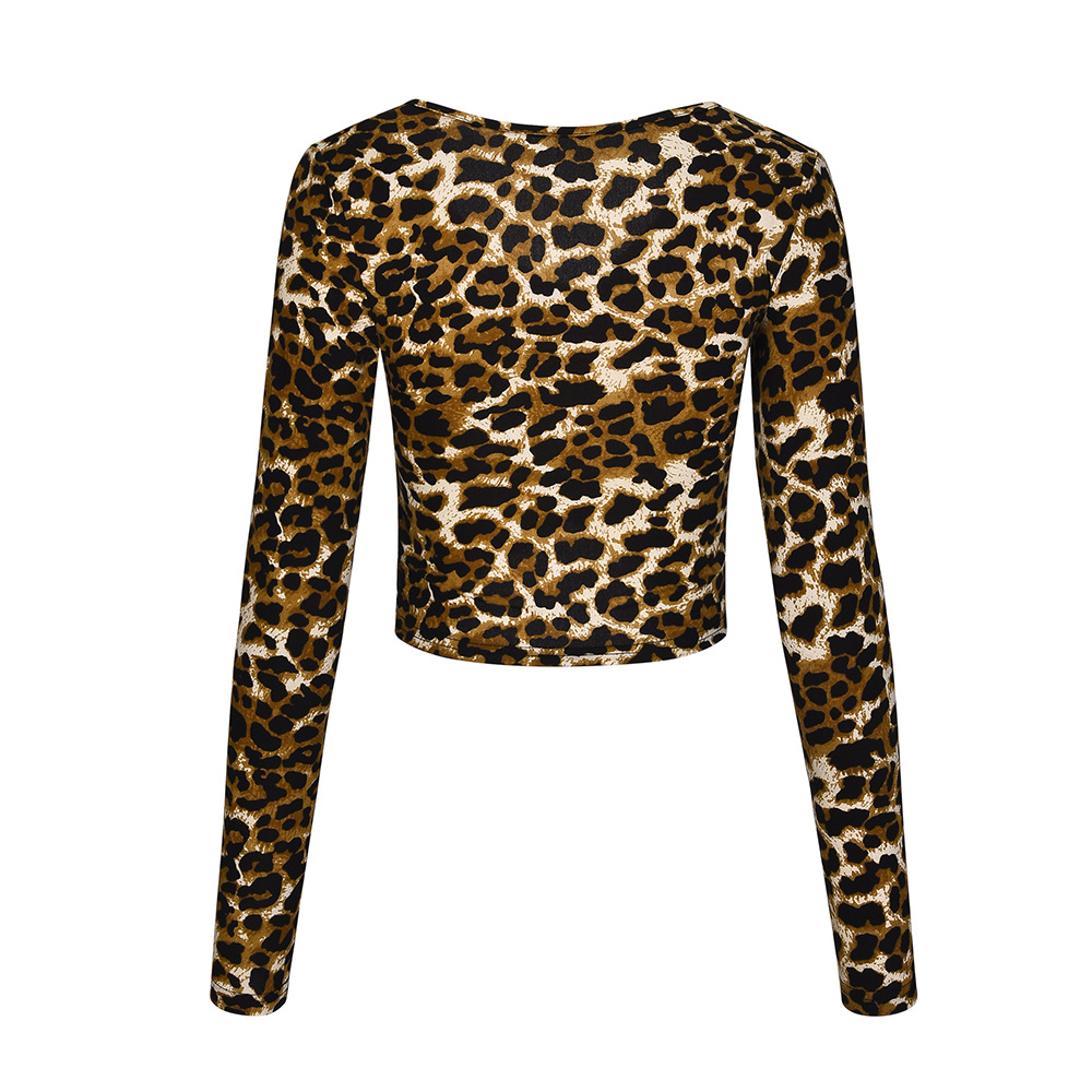 autumn long-sleeved V-neck exposed navel leopard T-shirt nihaostyles wholesale clothing NSAFH95465