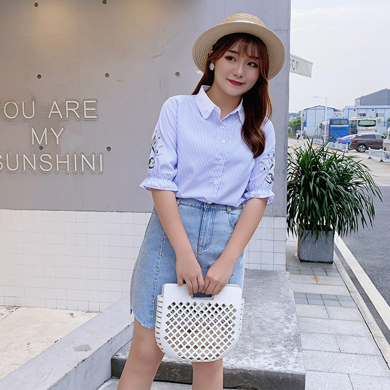 2019 summer Two piece set Fat sister Large Women's wear Show thin Embroidery shirt jacket cowboy skirt
