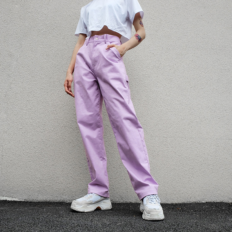 Foreign Trade Style Summer Street Shooting Women's Purple Casual Pants Side Pockets High Waist Overalls For Women