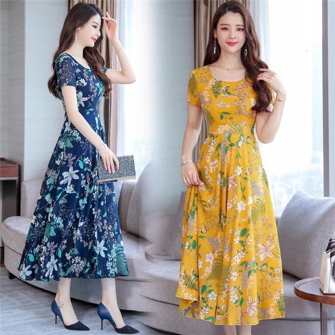 Cross-border summer fashion floral dress waist long short sleeve A- line skirt big swing casual wear Foreign trade explosions