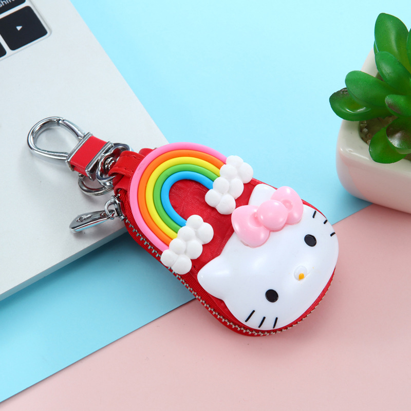 Cow Two-layer Leather Rainbow kitty Key Bag Women's Korean Creative Cute Car Key Bag Women's Key Waist Hanging