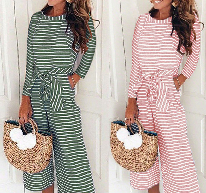 Slim Lace-up Striped Round Neck Jumpsuit nihaostyles clothing wholesale NSLBS81495