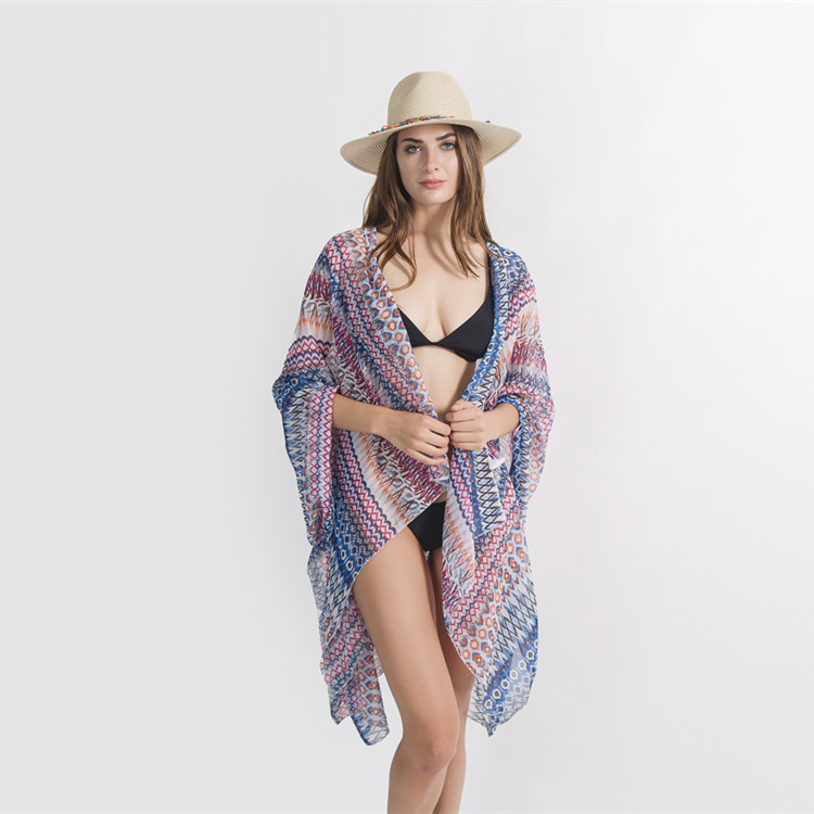 2020 nueva venta caliente estilo europeo y americano patrón geométrico playa bikini blusa protección solar kimono cardigan
