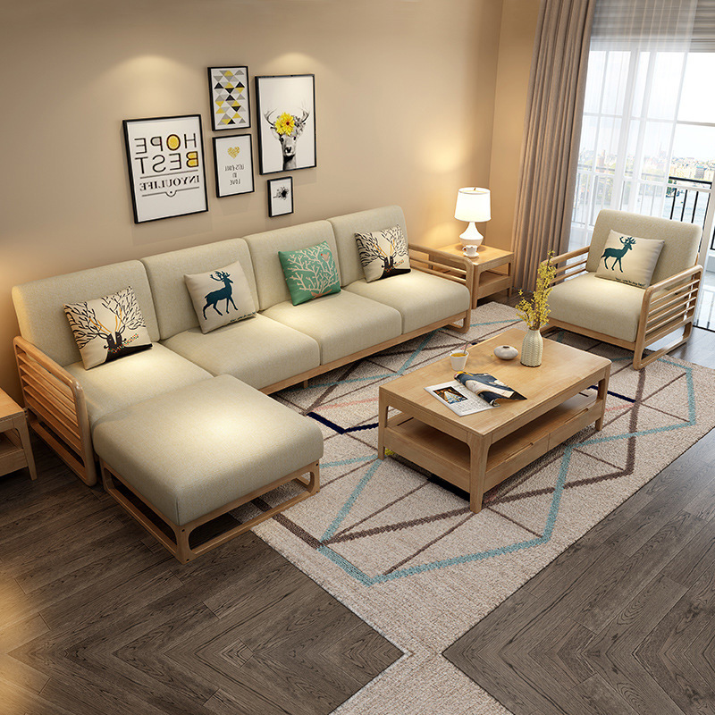Northern Europe Japanese solid wood sofa modern Fabric art Wooden sofa a living room Ready sofa Small apartment sofa furniture