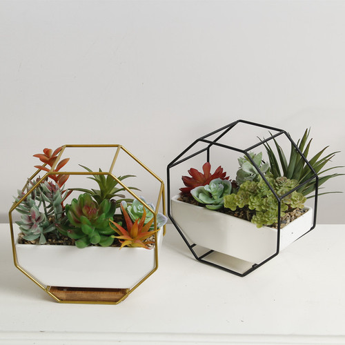 Nordic creative iron ceramic flowerpot simple geometric metal bracket set succulent green plant potted ornaments