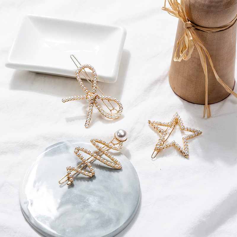 韩国东大门同款珍珠镂空爱心五角星复古小米珠边夹一字夹发夹女|ru