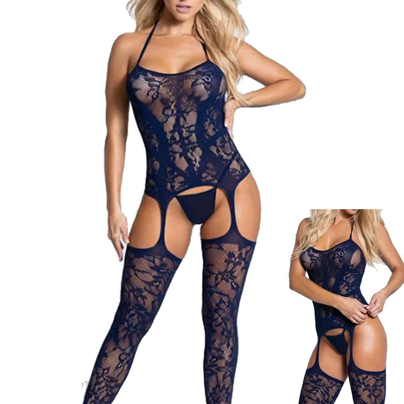 Rose Lace Open-Crotch Bodystocking, Suspender Fishnet, One Size