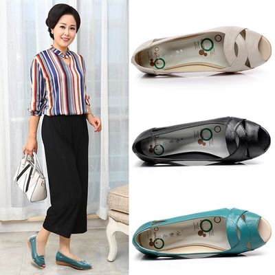 爆款推荐2019新款中年女鞋真皮凉鞋低跟低帮防滑镂空鱼嘴鞋女批发