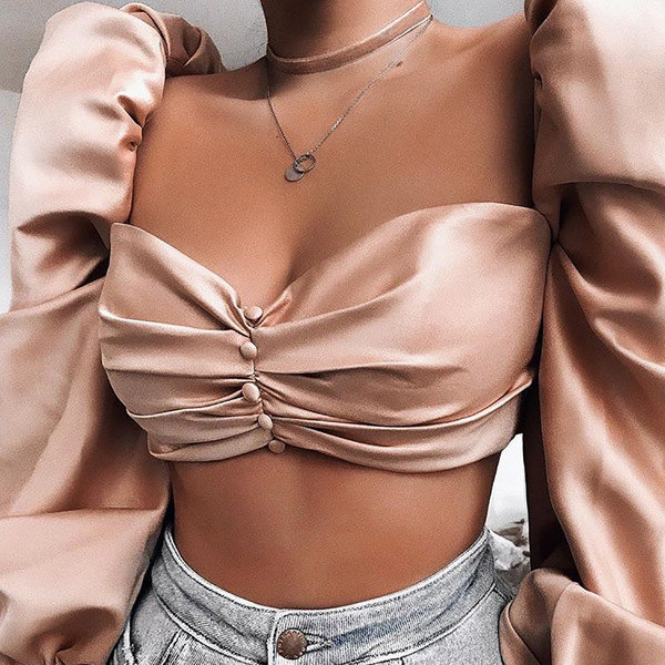 Solid color chest wrapped Button Navel slim T-shirt