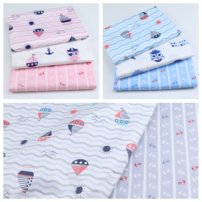 卡通猫头鹰帆船印花全棉布海军风 宝宝夏被盖毯睡袋抱被儿童棉布