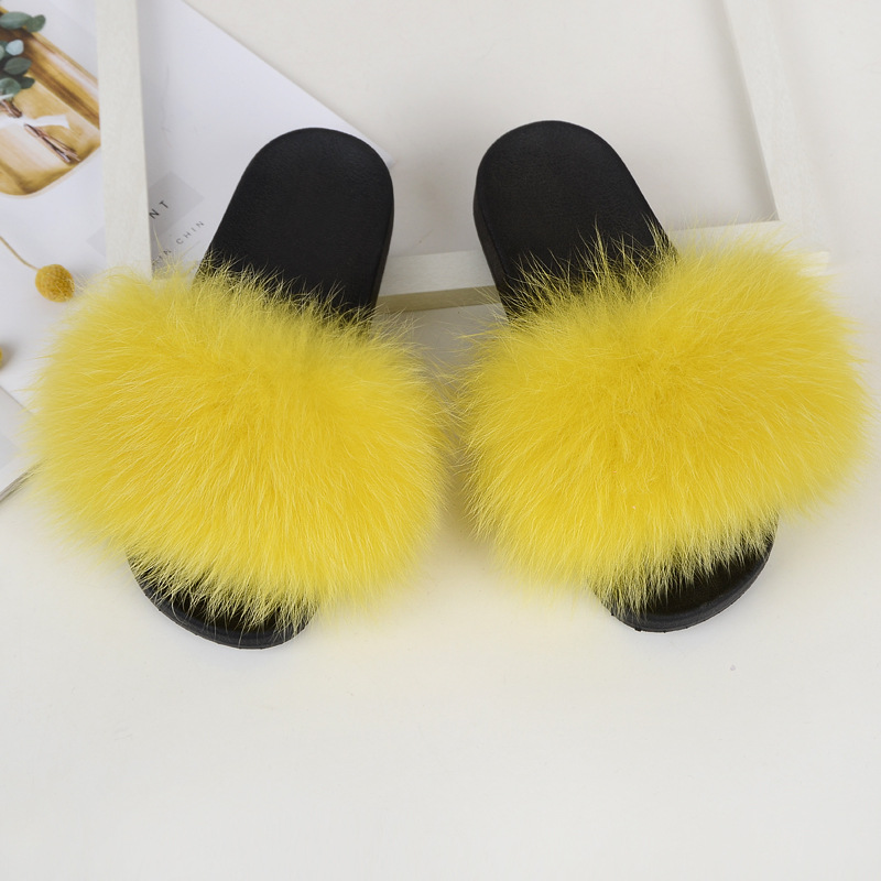 Außenhandel Großhandel Fuchspelz Hausschuhe Damen Sommeroberbekleidung einzeilige Fleece-Sandalen mit flachem Boden, Plüsch-Hausschuhe in verschiedenen Farben_voghion.com