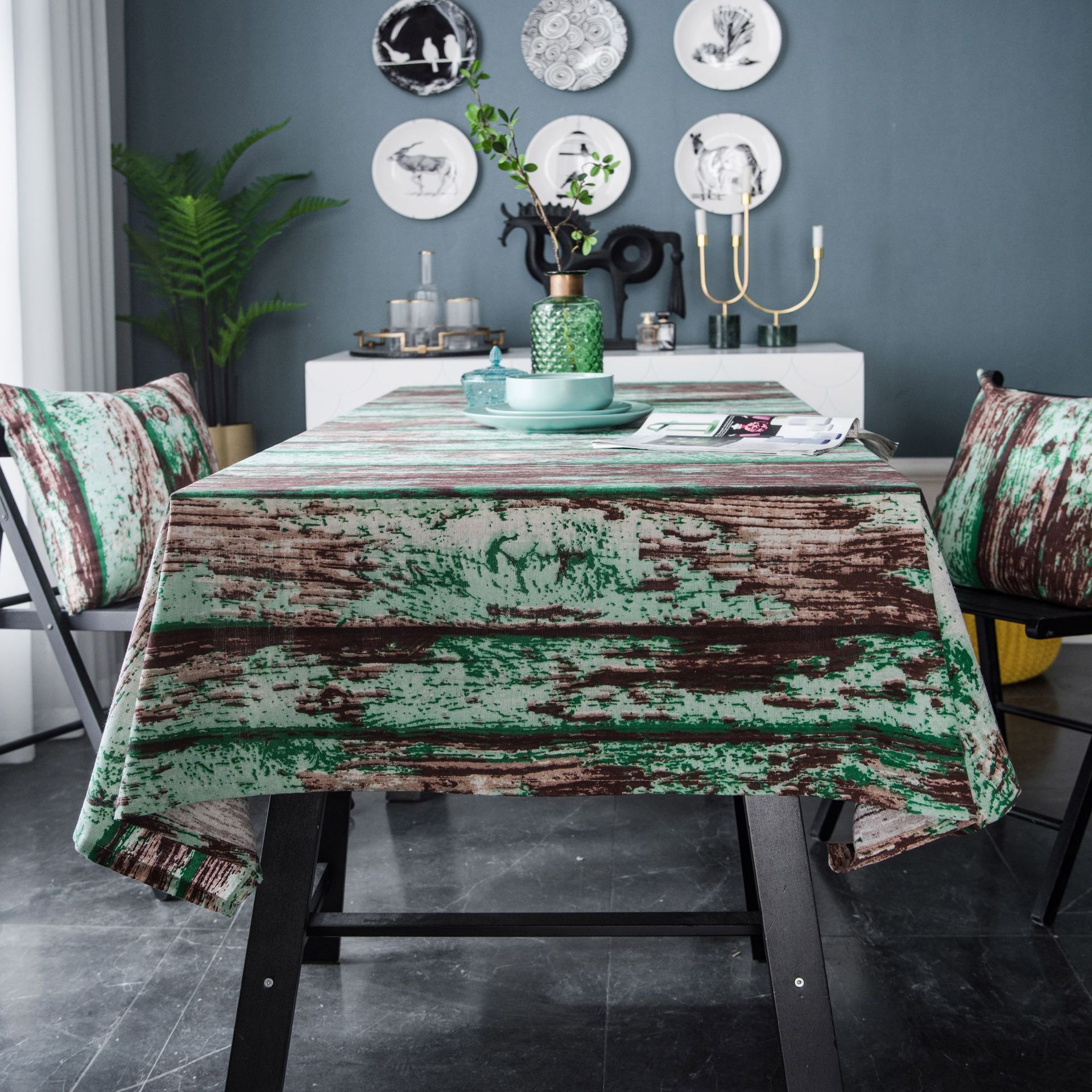 复古风创意仿真木纹绿色油漆桌布餐桌布印花棉麻台布拍照背景布