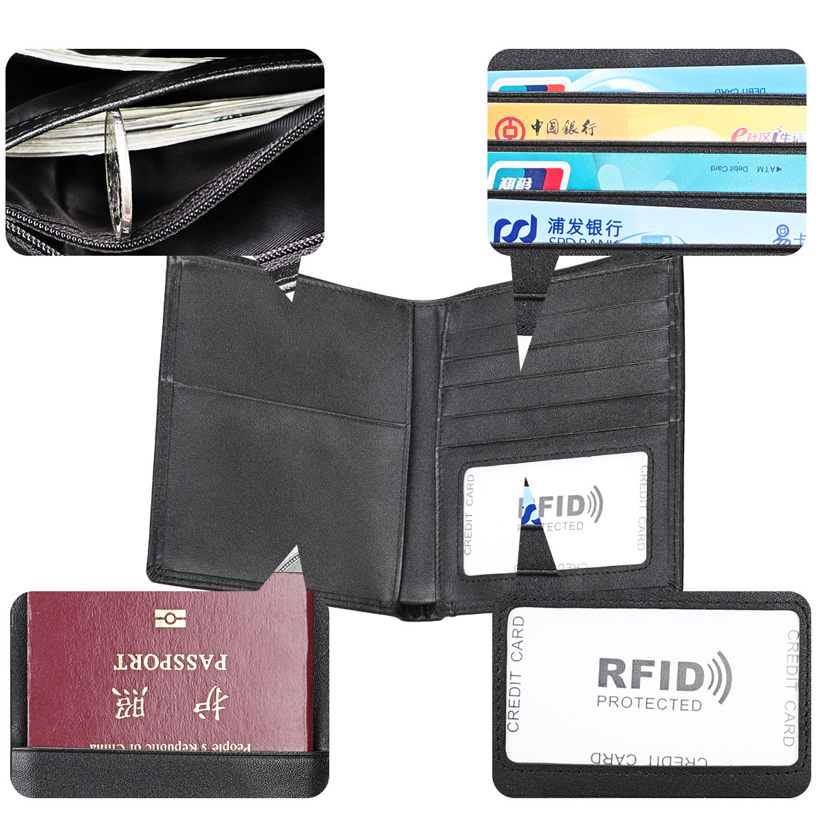 تبيع الشركات المصنعة بالجملة  Rfid للرجال والنساء مشبك جواز السفر للجلد متعدد الوظائف مجموعة بطاقات الاعتماد بالجملة display picture 27